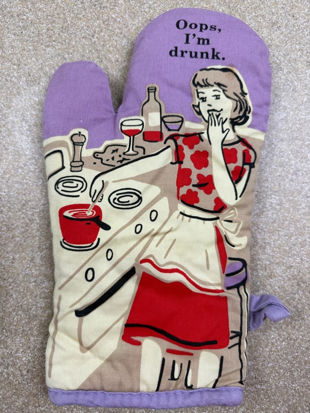 Blue Q Purple and Red Retro 'Oops I'm Drunk' Illustrated Oven Mitt